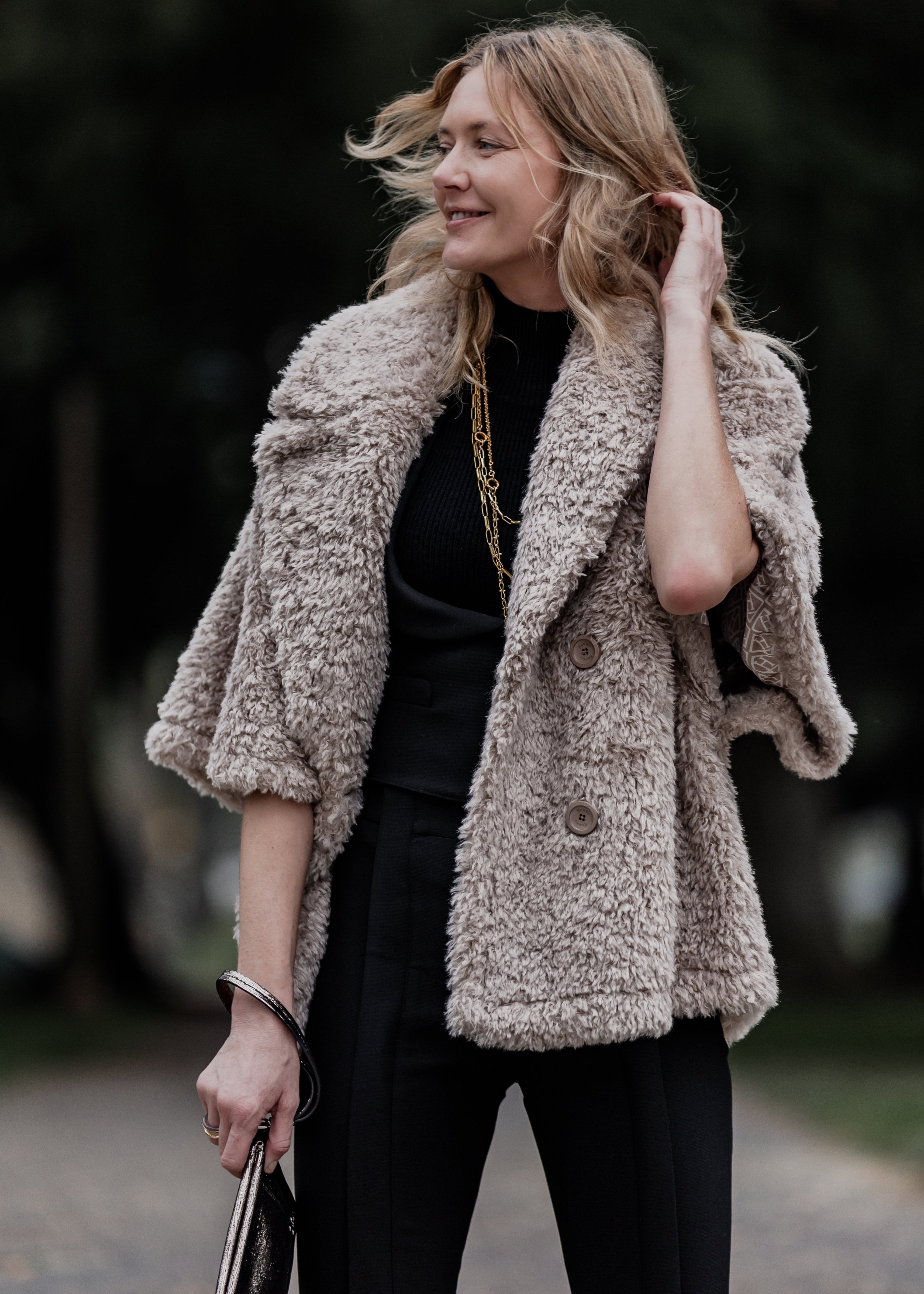 Curly Faux Fur Double Breasted Cape | Chantilly