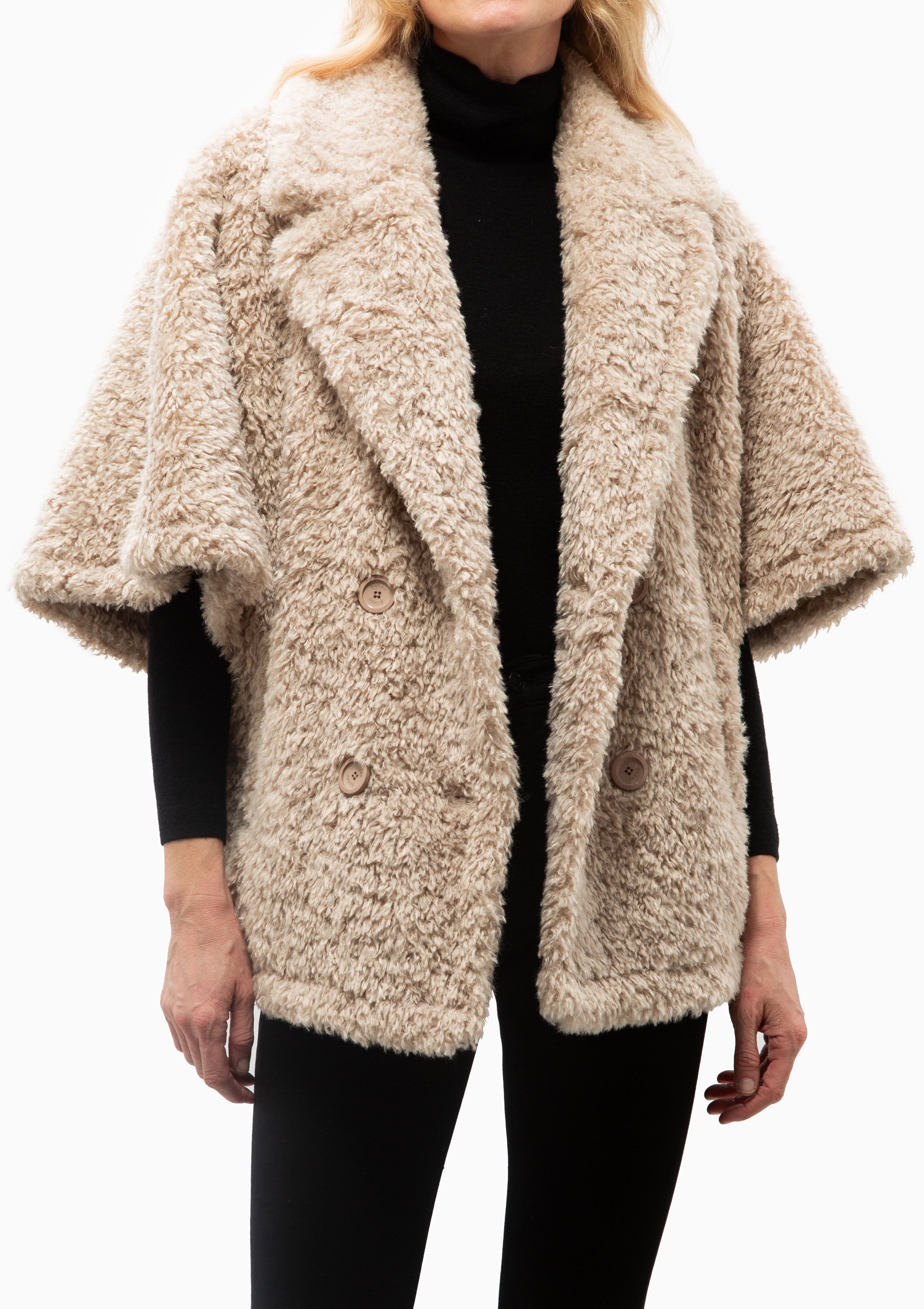 Curly Faux Fur Double Breasted Cape | Chantilly