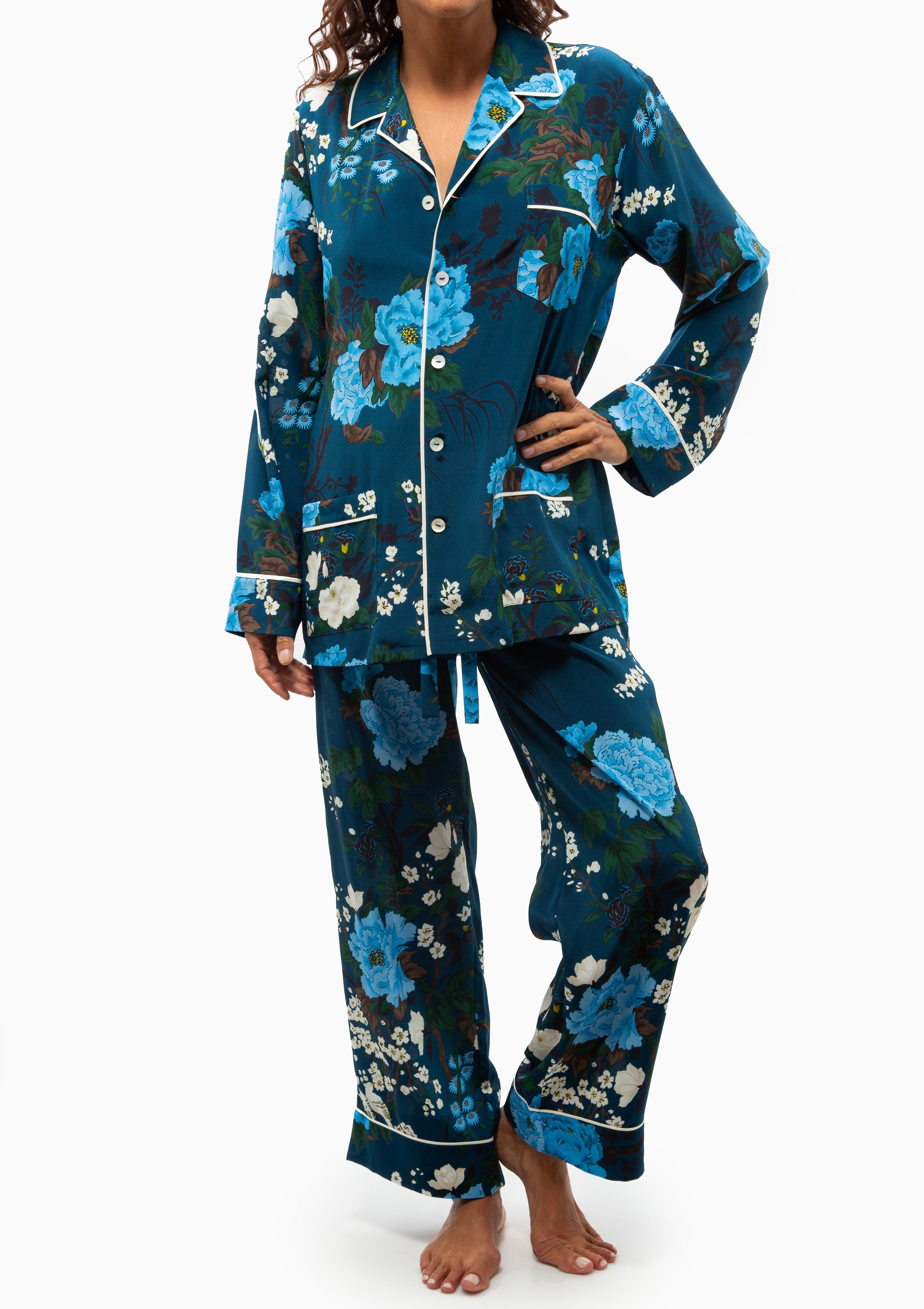 Yves Silk Crepe De Chine Pajamas | Tibatant Blue Floral