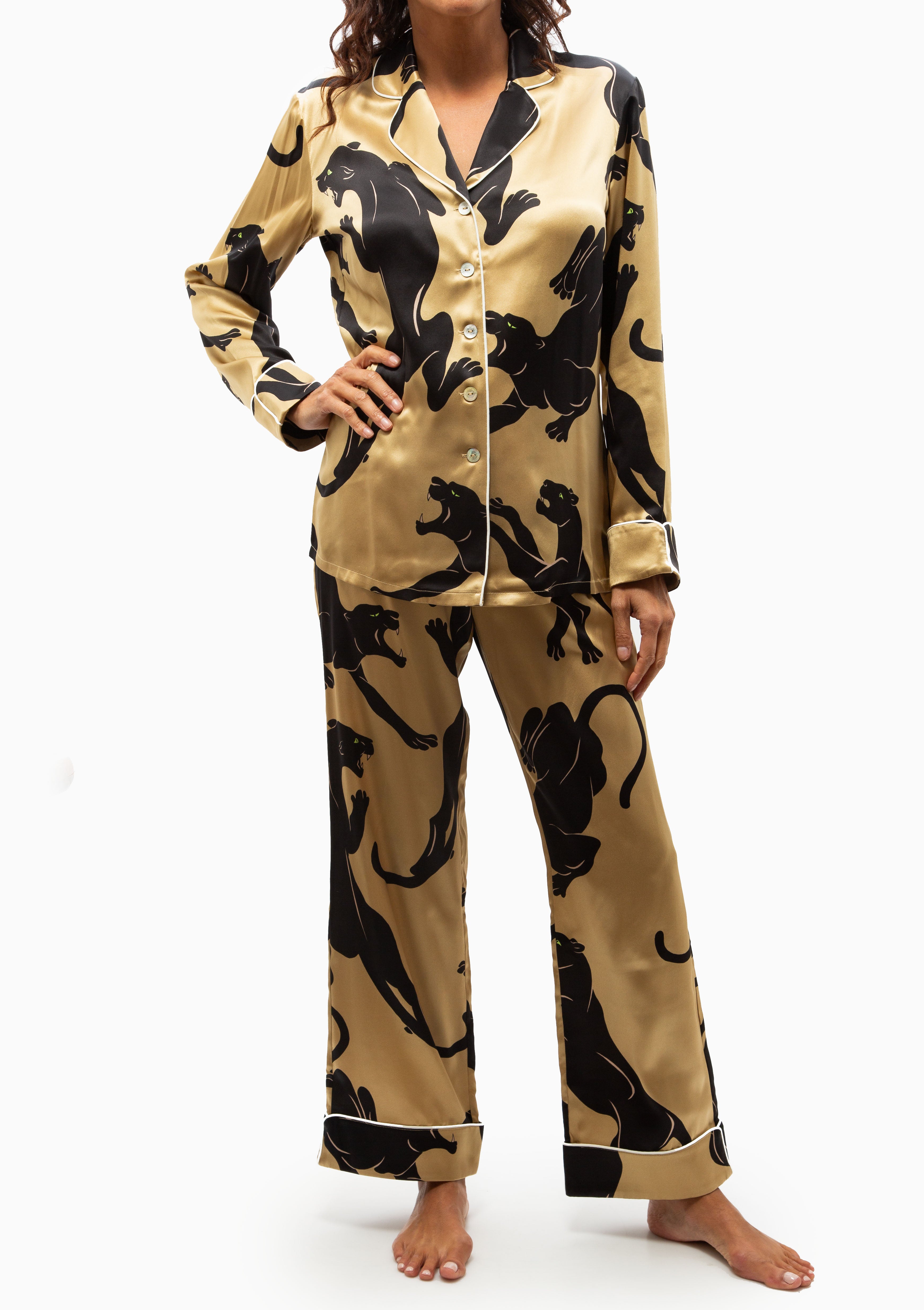 Lila Silk Satin Pajamas | Perriand Gold Panther