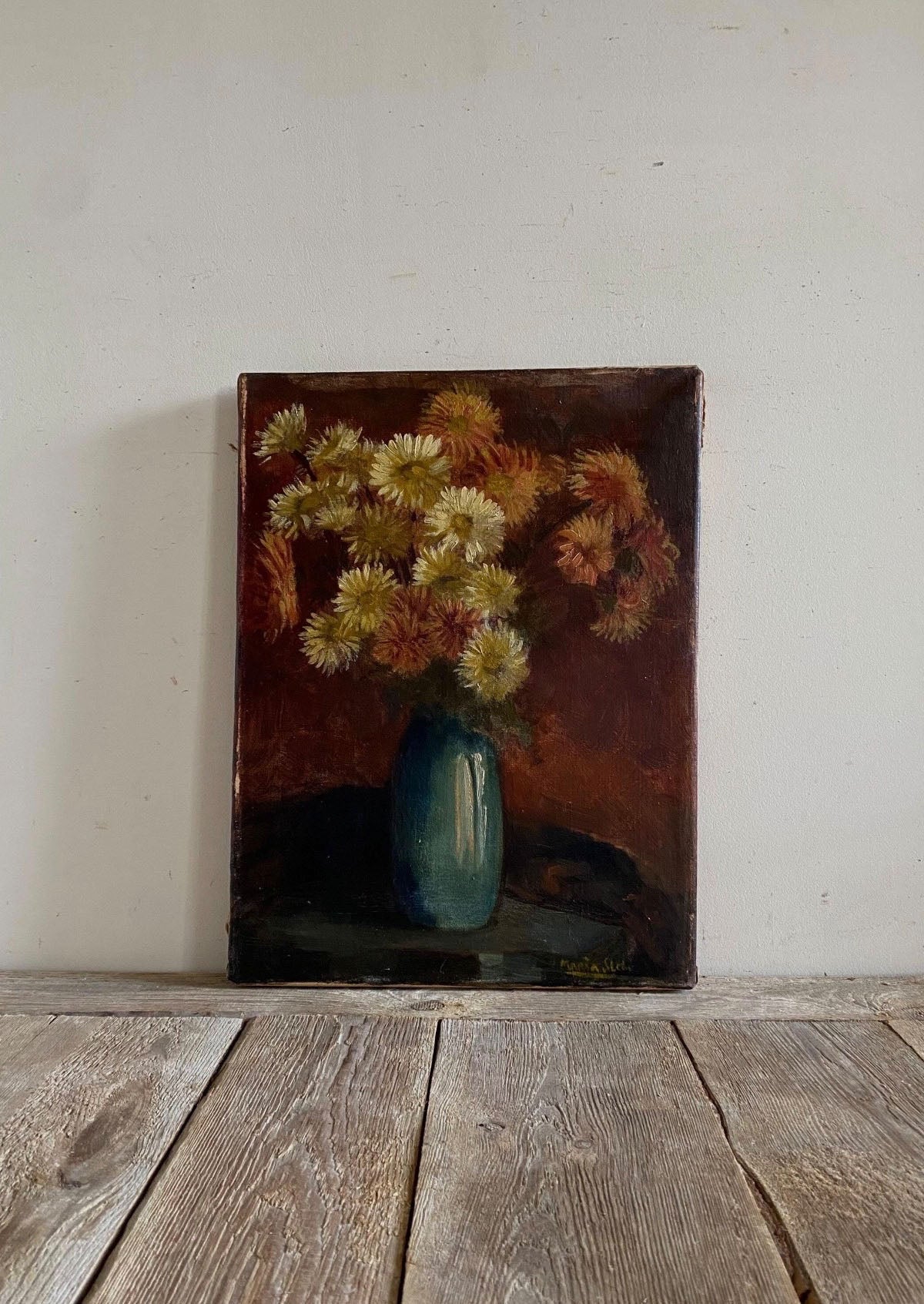 Original Antique Dutch Dark Floral Still Life Oil Painting | 12"x16"