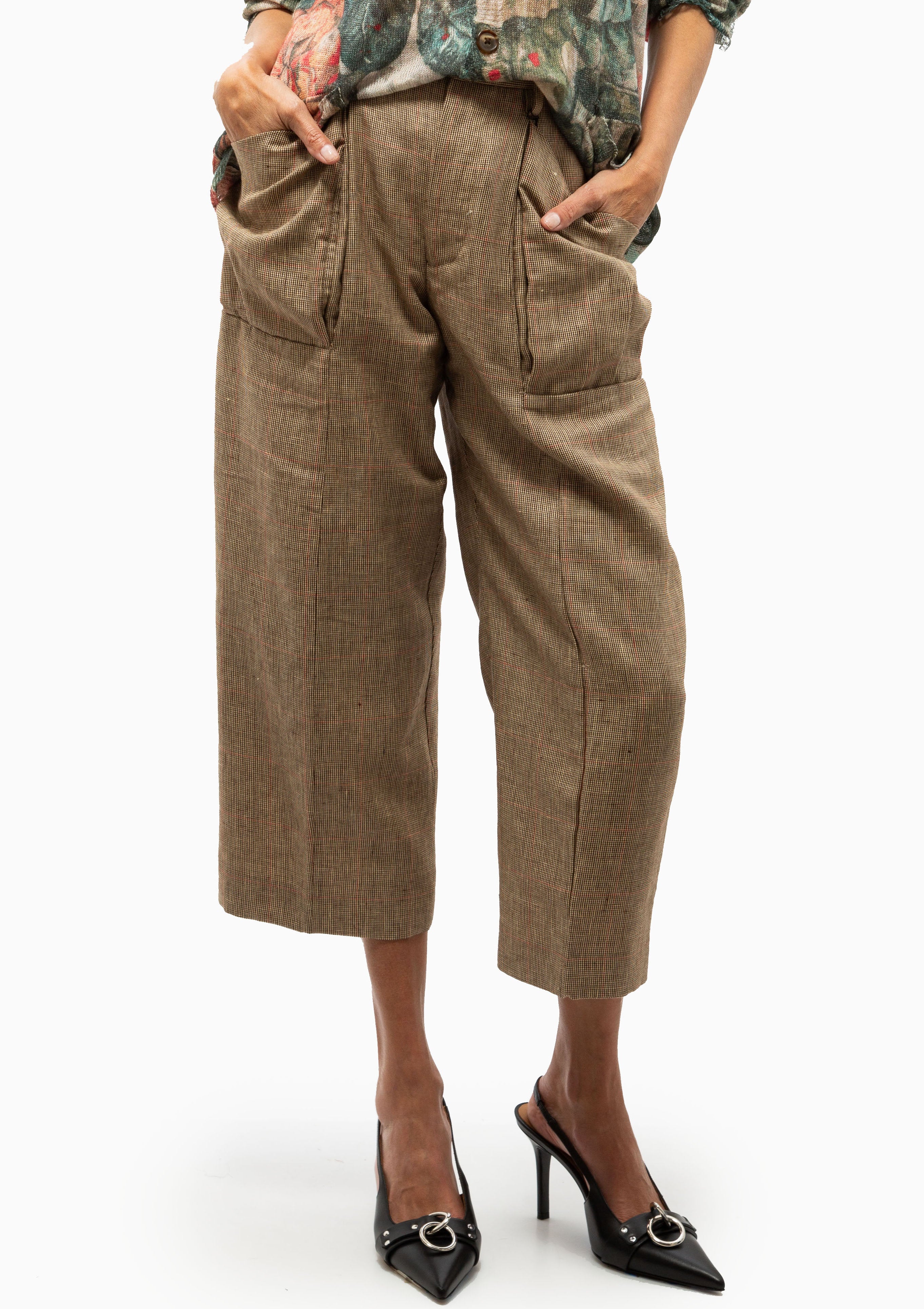 Pleated Pocket Trouser | Brown Windowpane Plaid