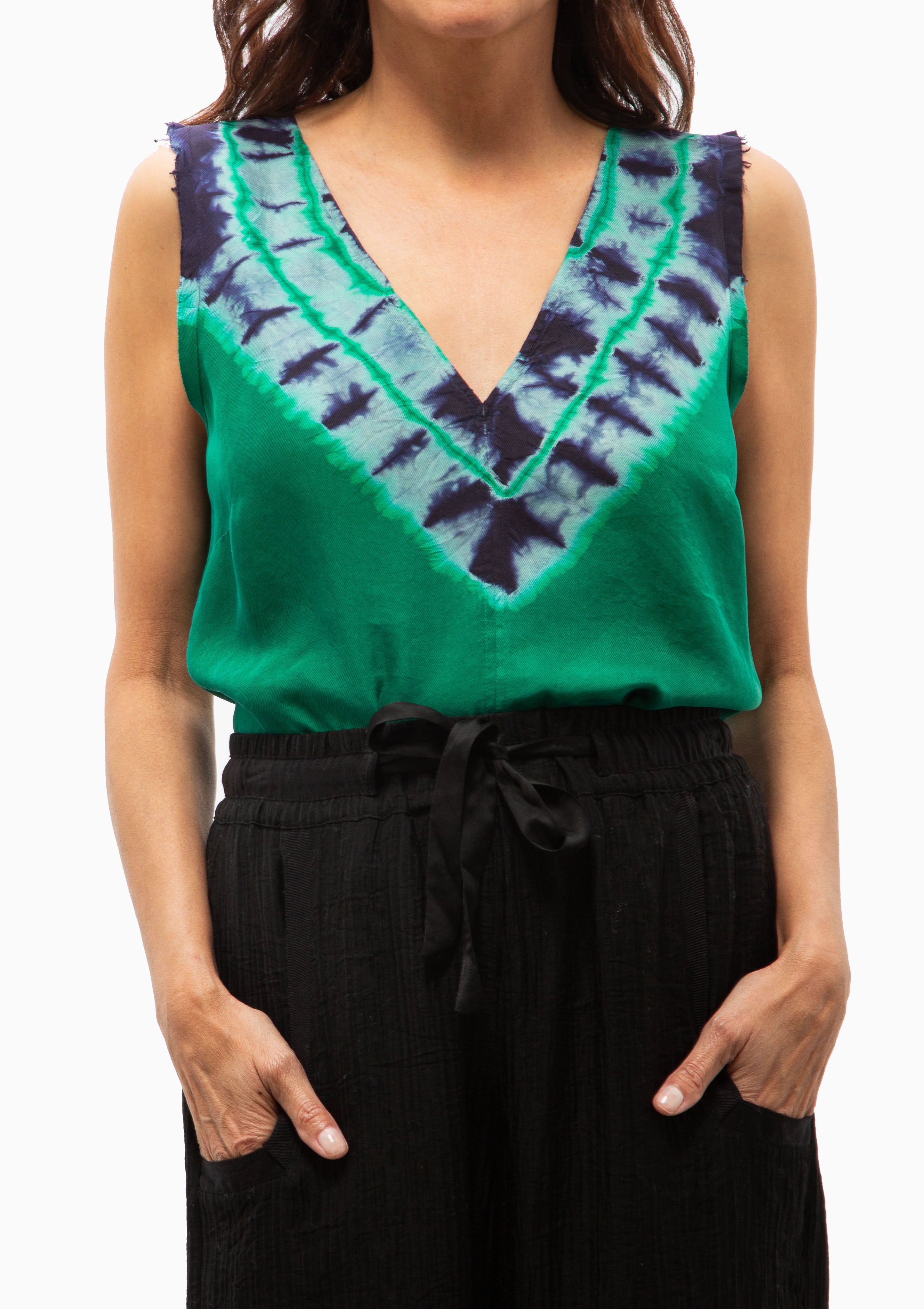 Silk Twill Zane Tank | Green Blue Borderline