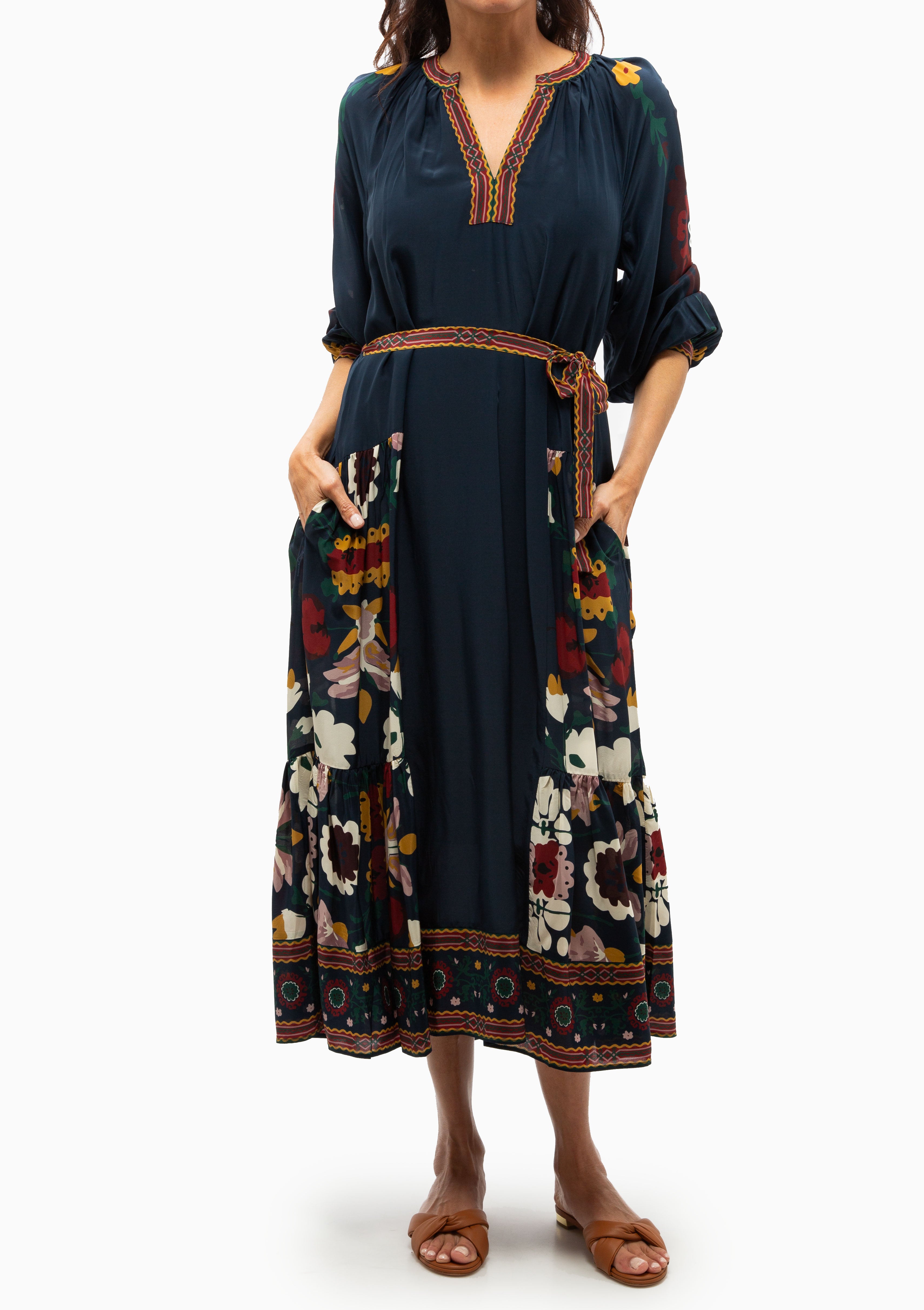 Cassia Print Long Sleeve Dress | Navy