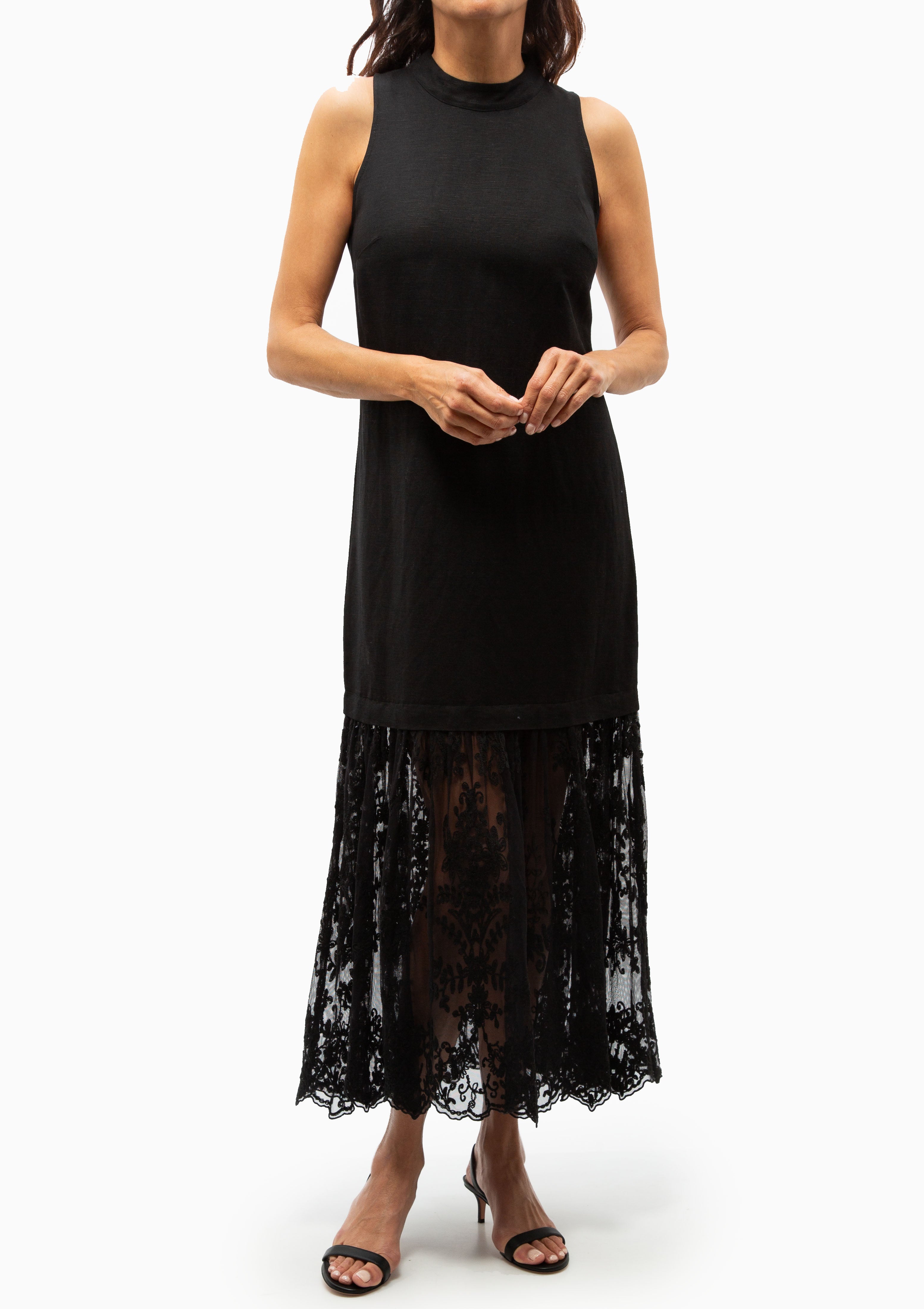 Marja Embroidery Mesh Combo Tank Dress | Black