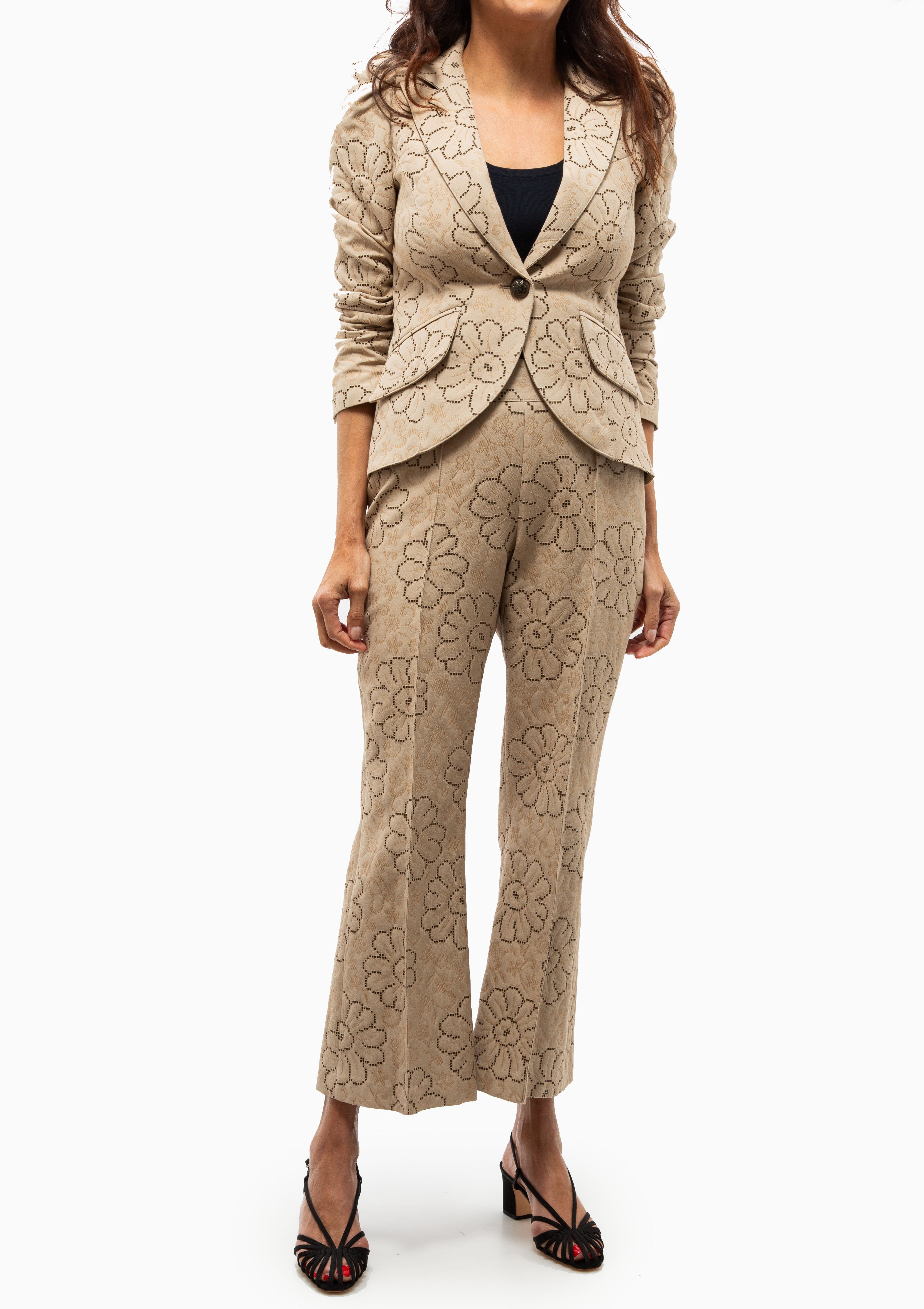 Pouf Sleeve One Button Blazer | Putty Jacquard