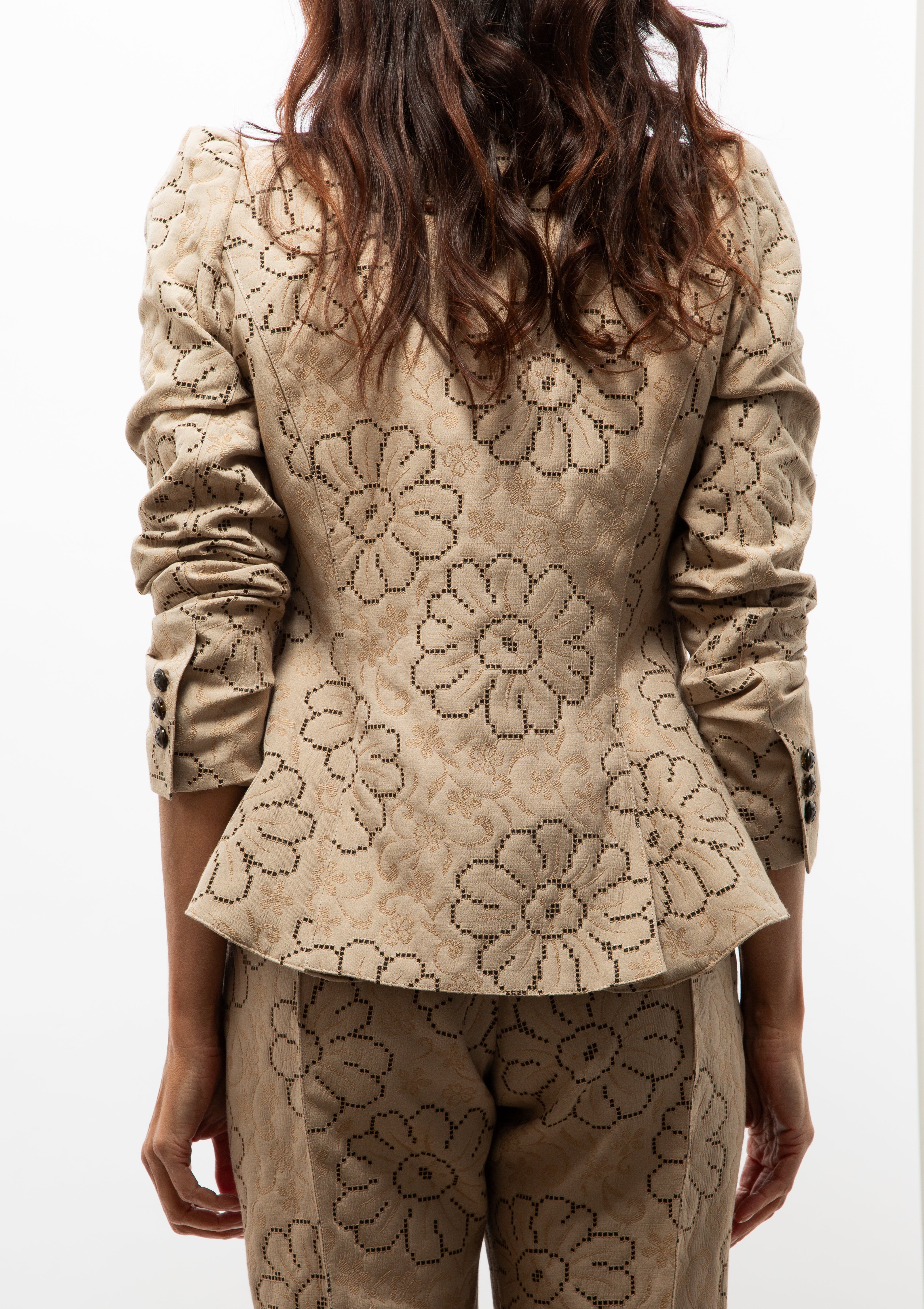 Pouf Sleeve One Button Blazer | Putty Jacquard