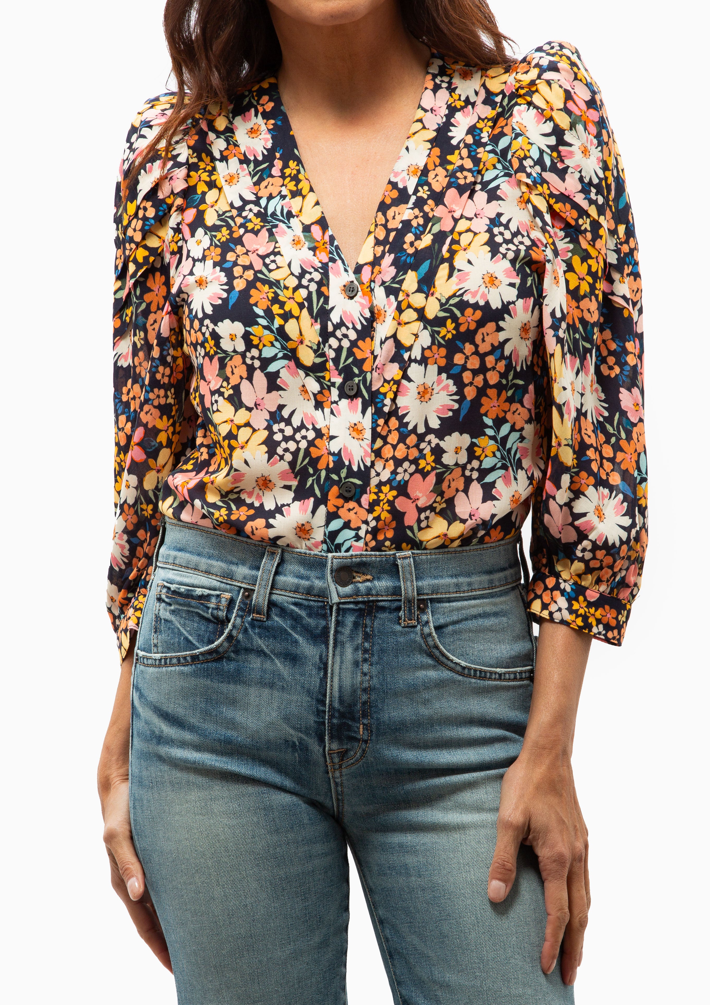 V-Neck Frontier Blouse | Navy Multi