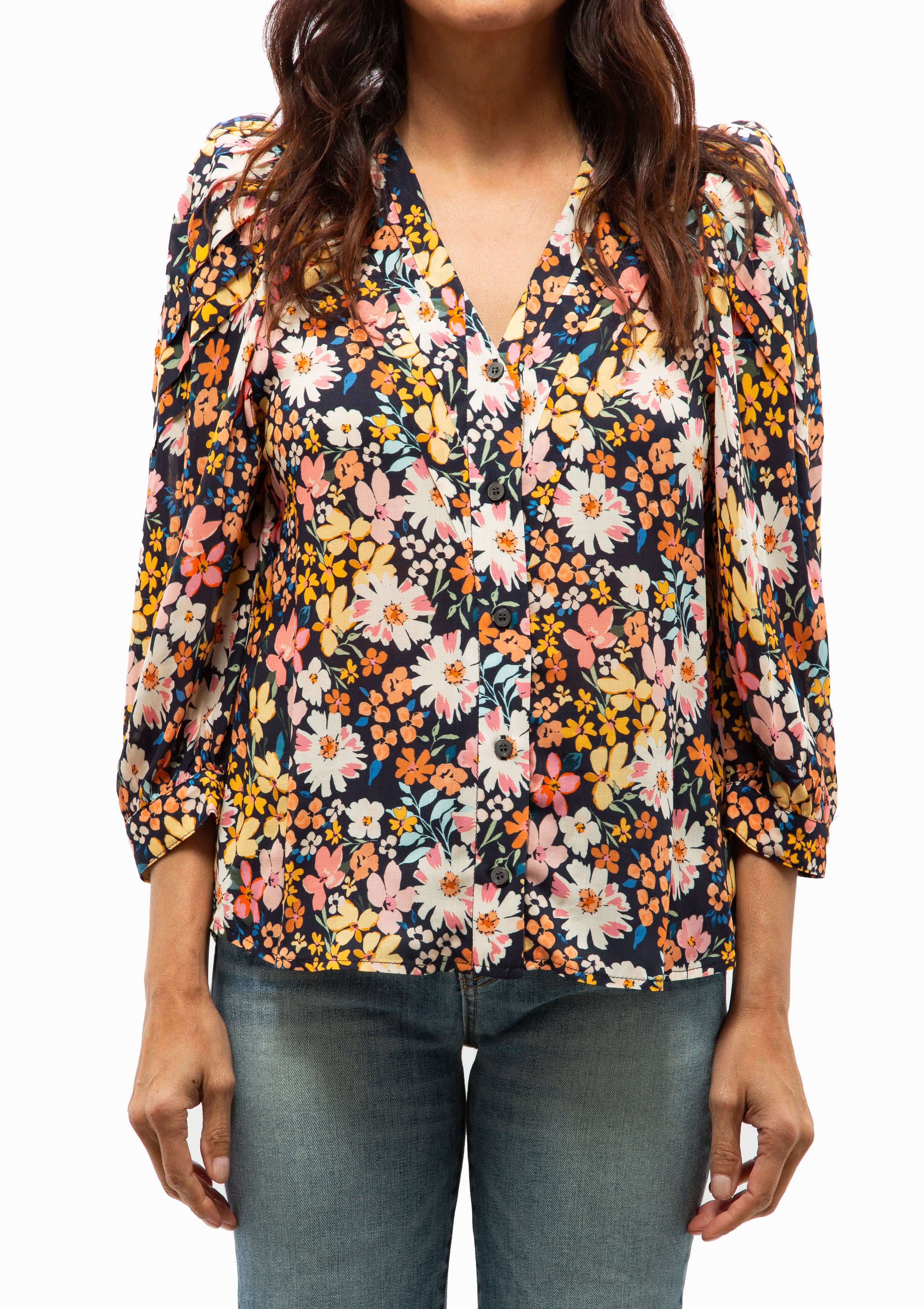 V-Neck Frontier Blouse | Navy Multi