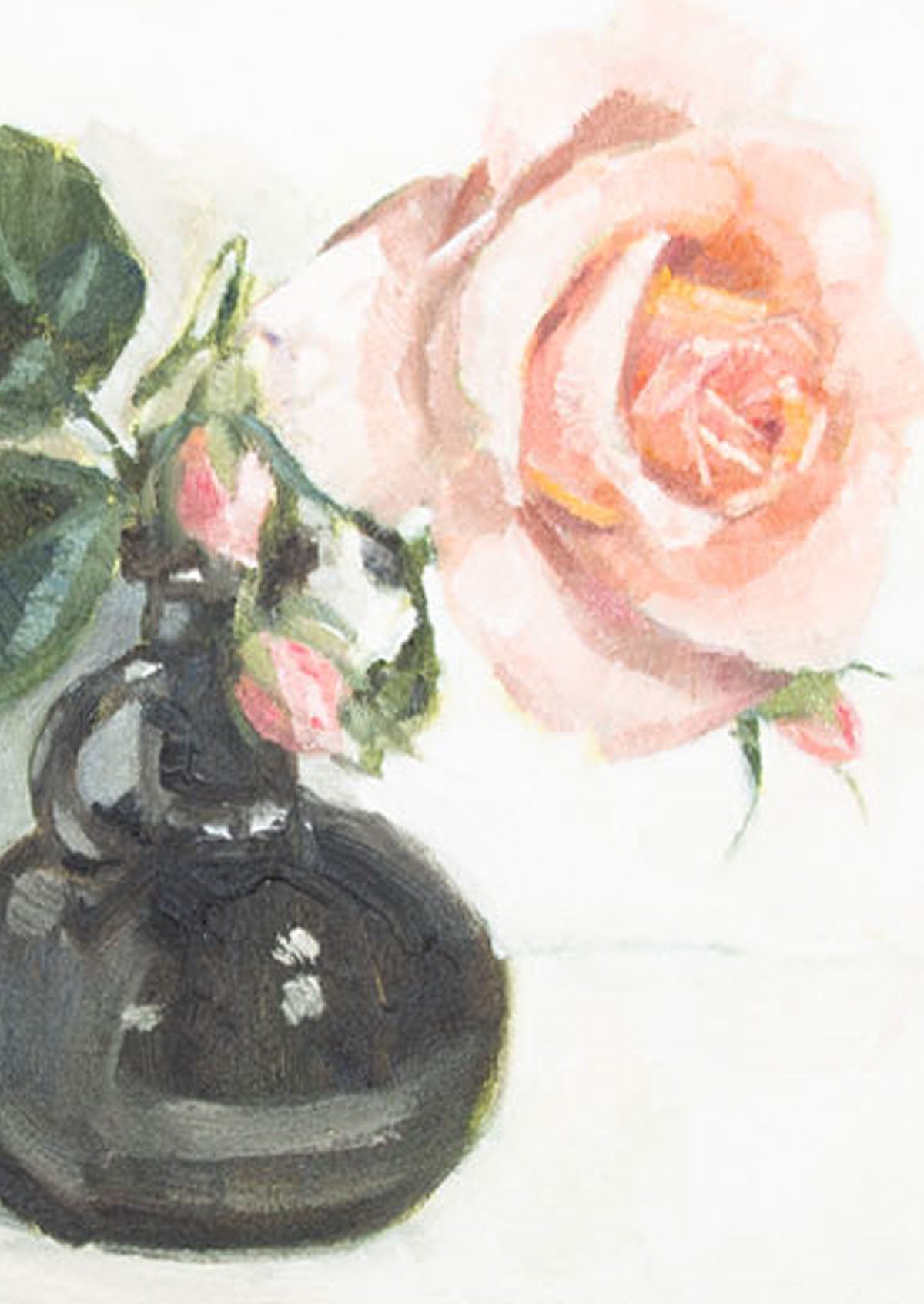 Pink Rose Black Vase Oil Painting On Panel Mounted | 8"x6"