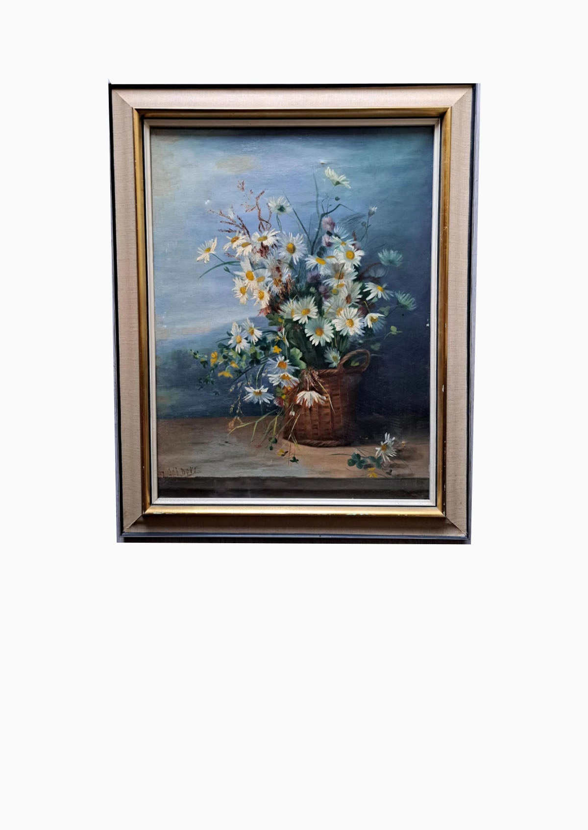 Original Antique Daisies Flower Basket Oil Painting