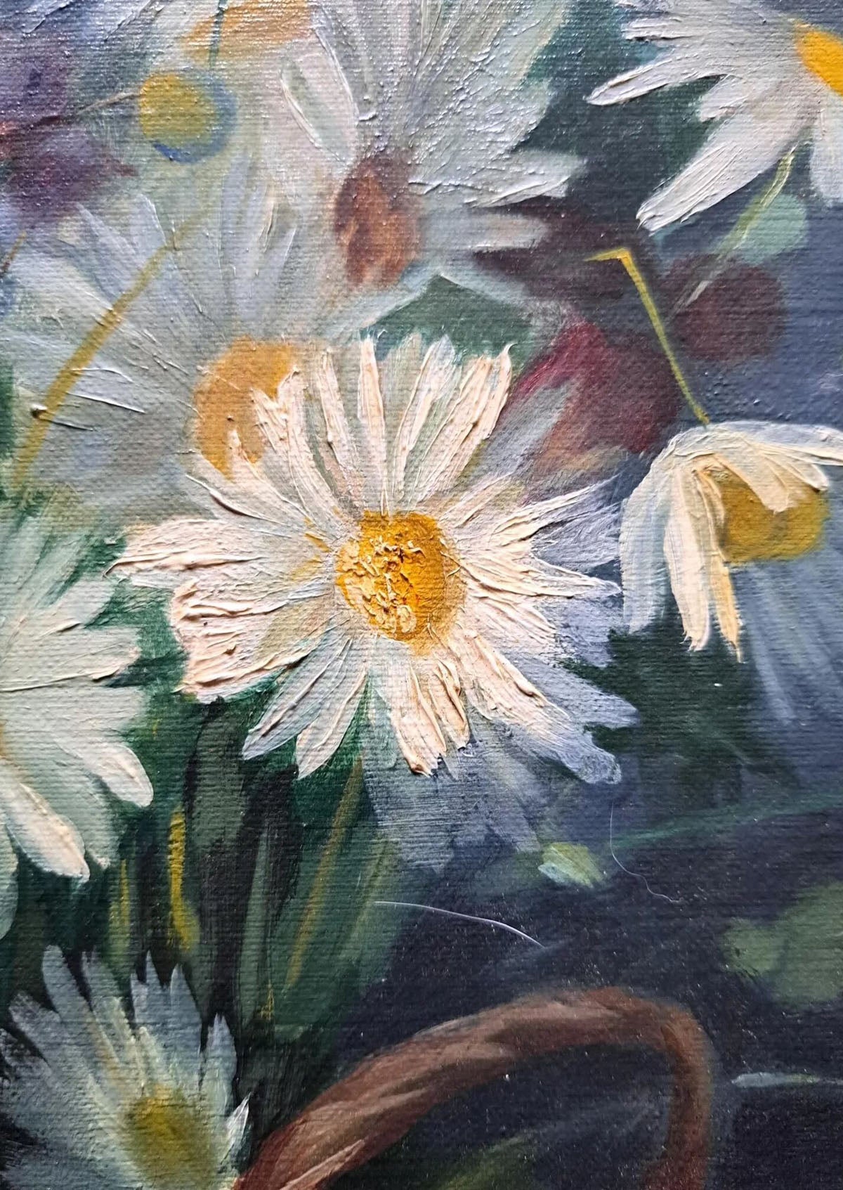 Original Antique Daisies Flower Basket Oil Painting