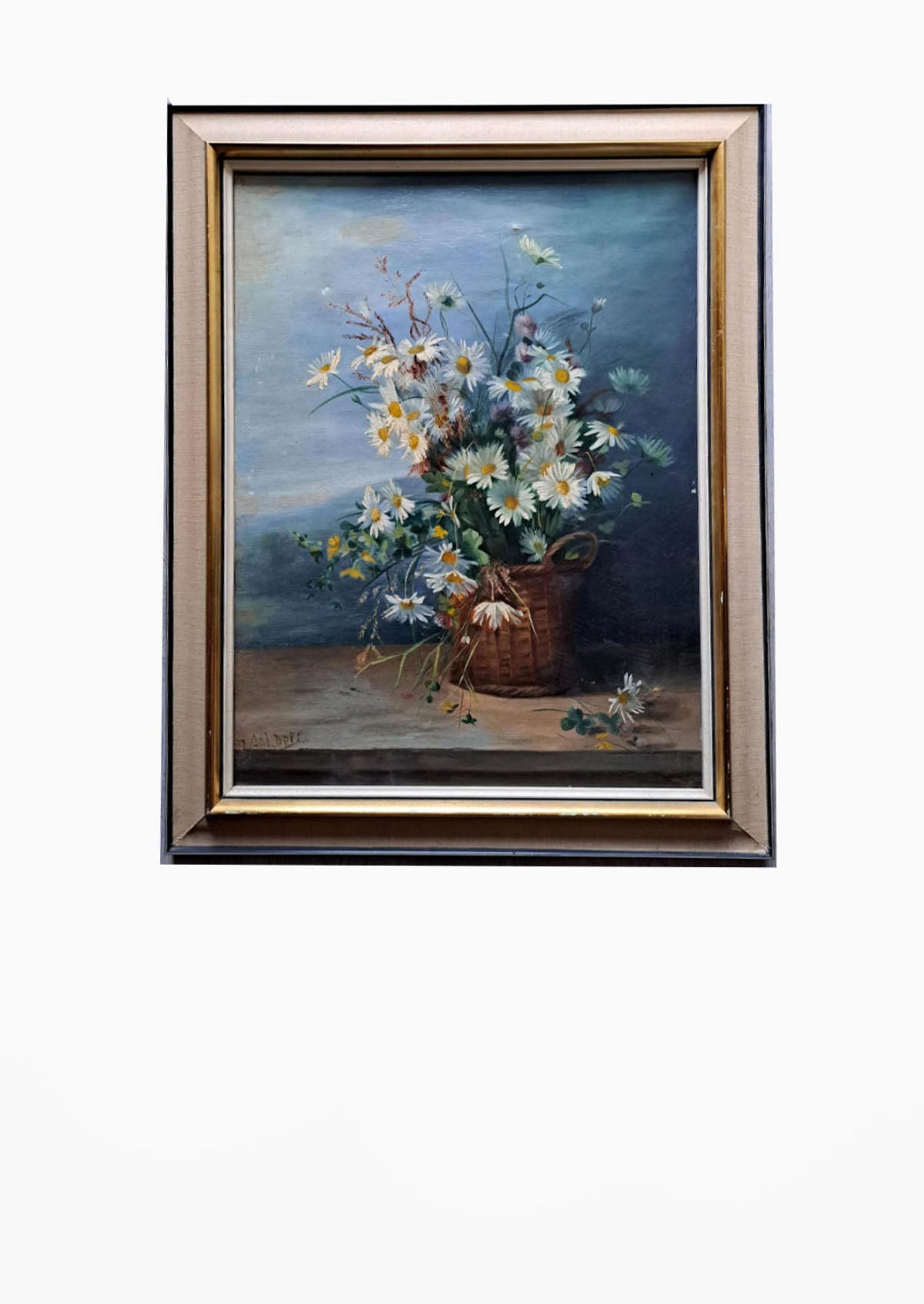 Original Antique Daisies Flower Basket Oil Painting | 26.4" x 33"