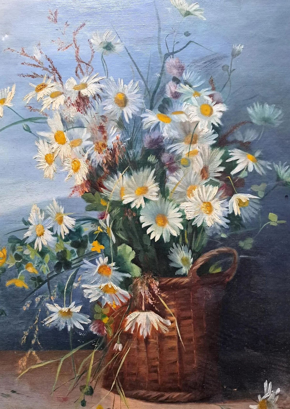 Original Antique Daisies Flower Basket Oil Painting