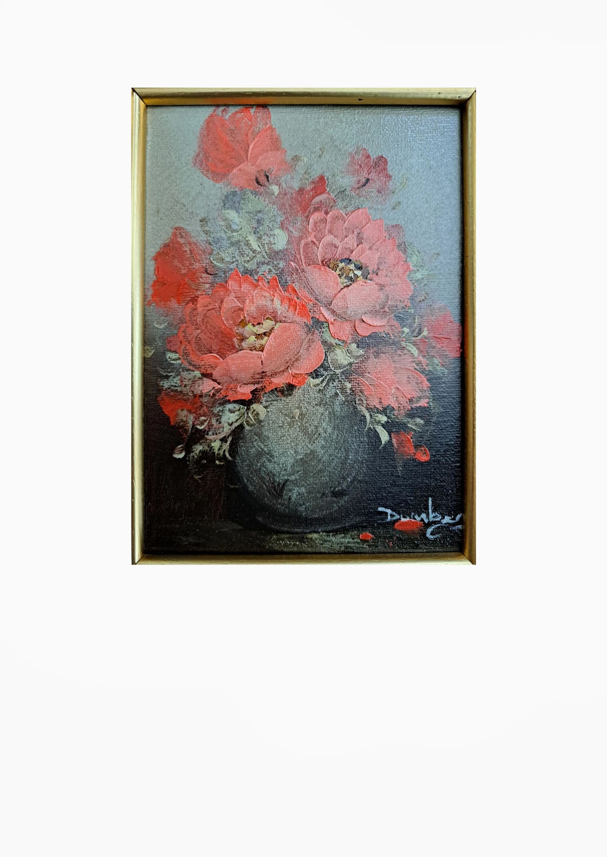 Original Antique Small Red Flower Oil Painting