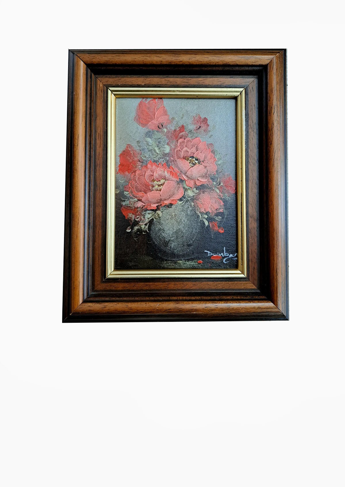 Original Antique Small Red Flower Oil Painting | 8.7" x 10.6"