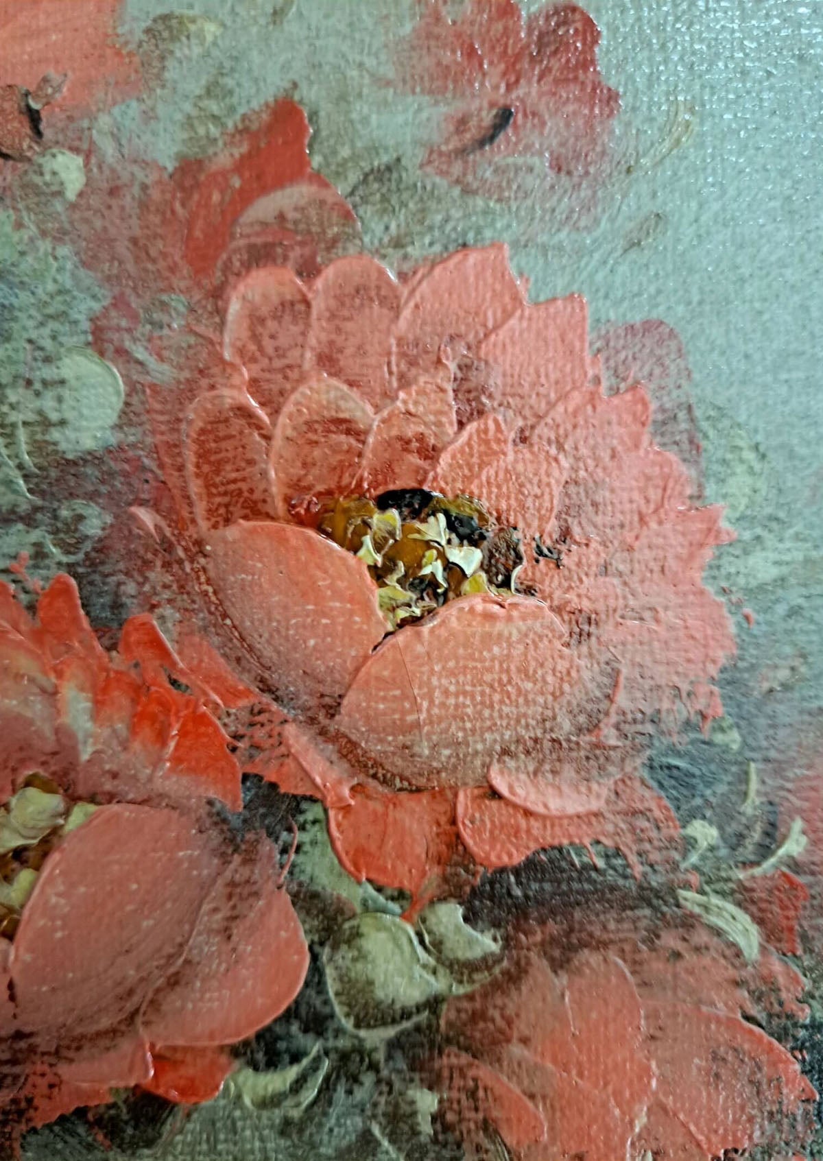 Original Antique Small Red Flower Oil Painting | 8.7" x 10.6"