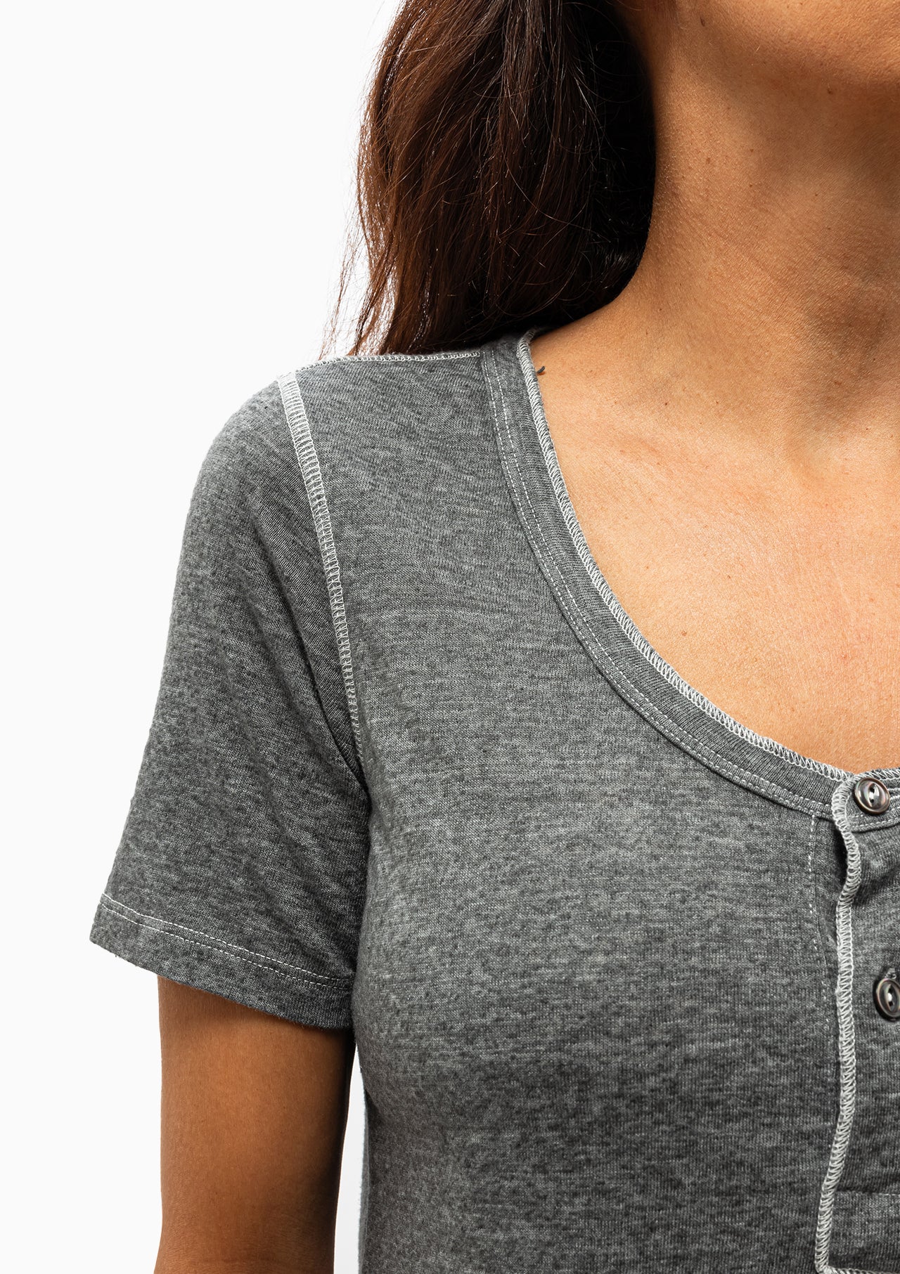 Low Neck Henley Tee | Charcoal