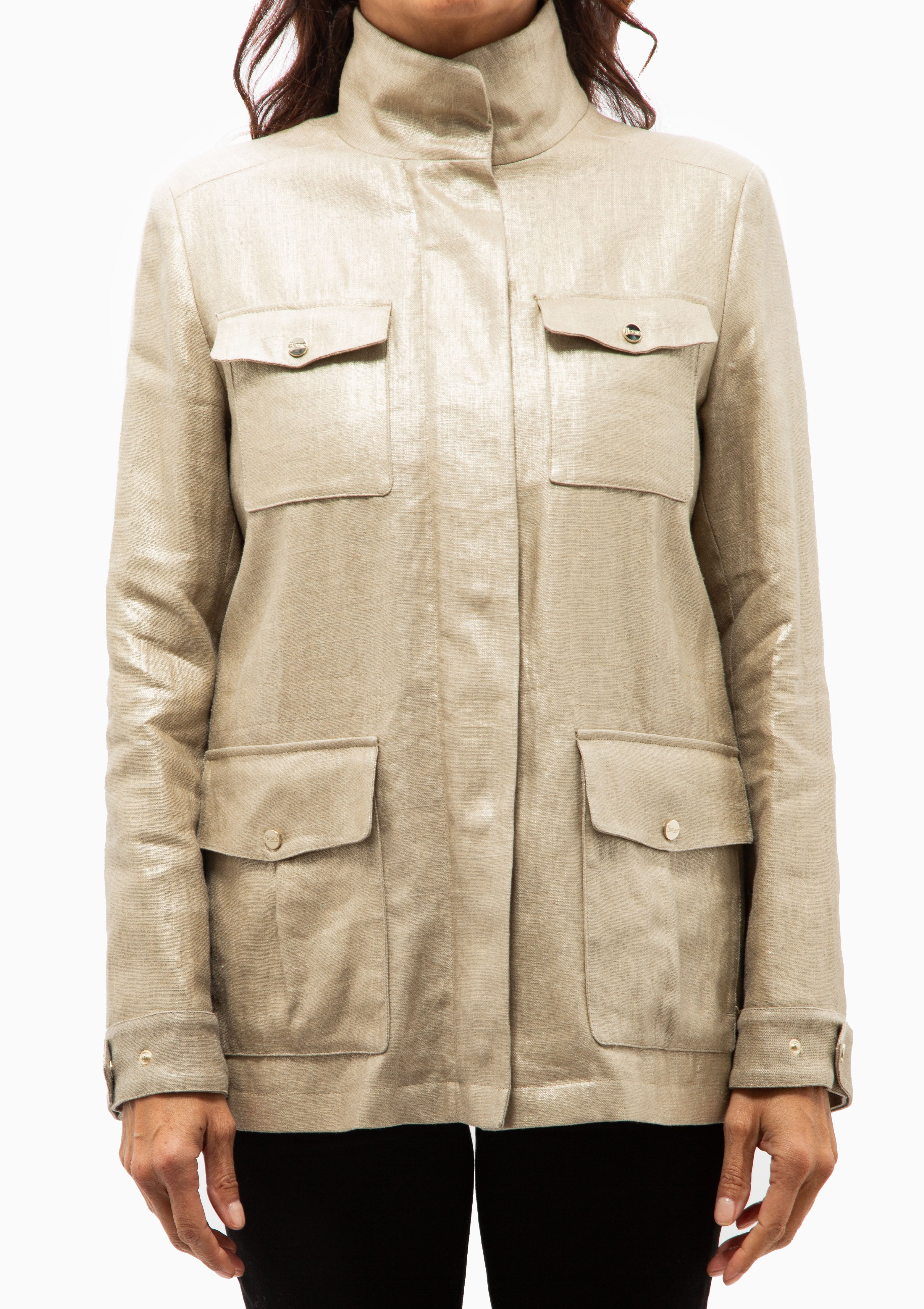 Laminated Linen Field Jacket | Khaki/Gold