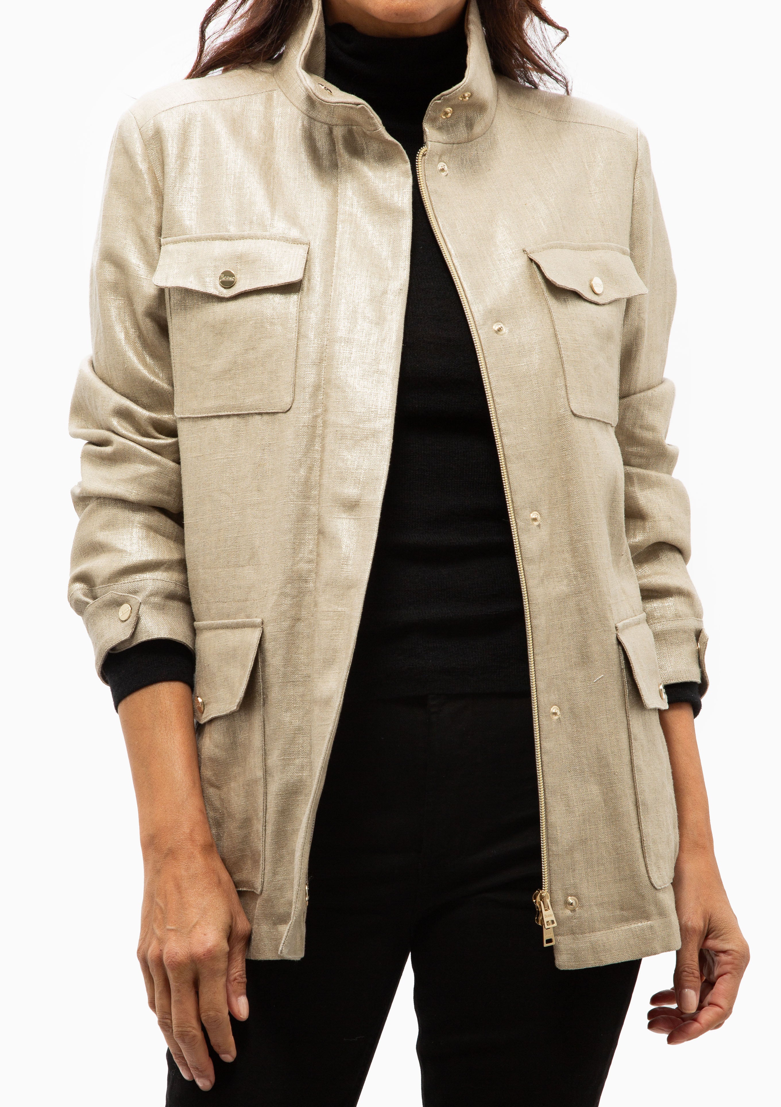 Laminated Linen Field Jacket | Khaki/Gold