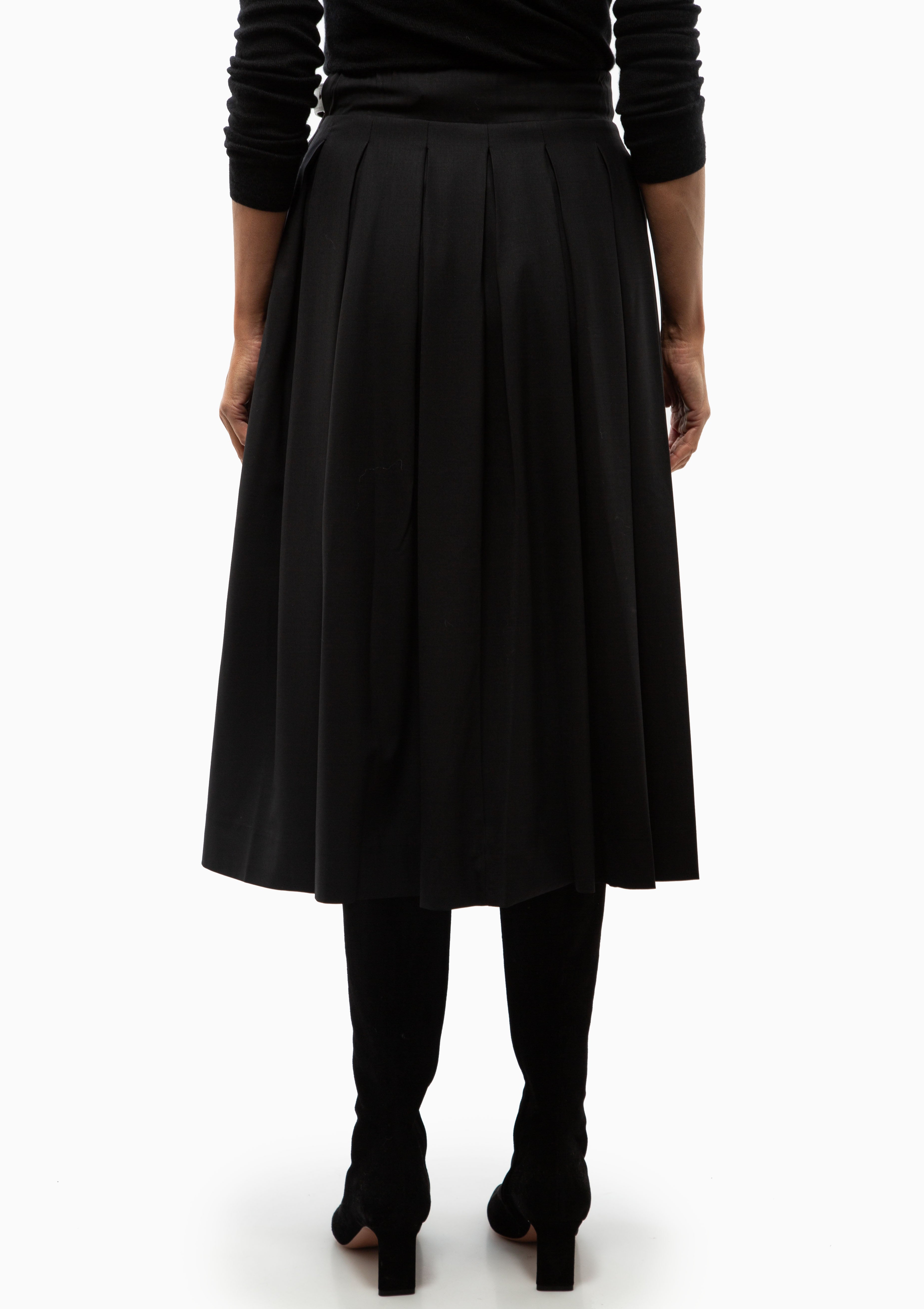 Hallie Wool Suiting Belted Pleat Skirt | Black