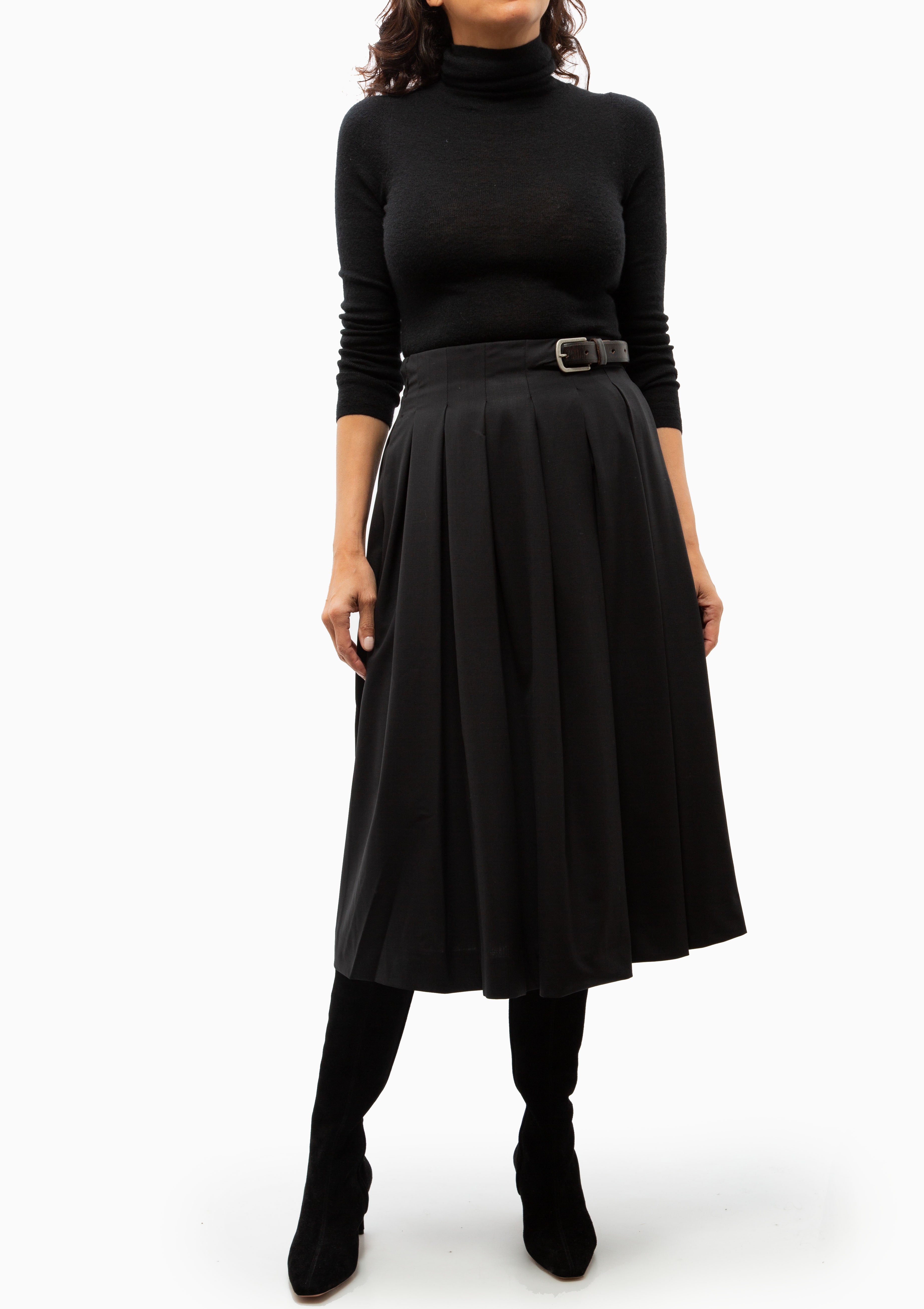 Hallie Wool Suiting Belted Pleat Skirt | Black