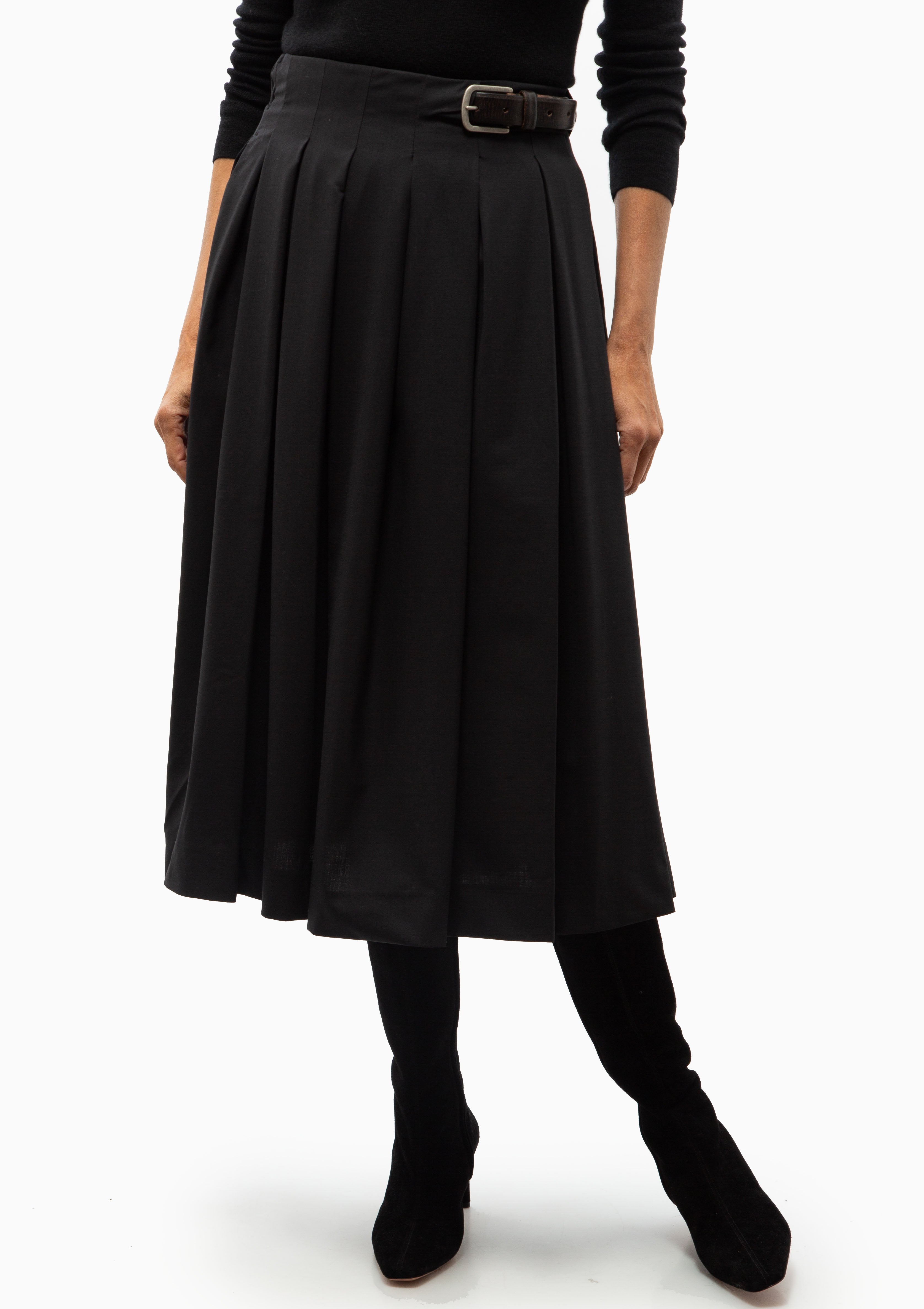 Hallie Wool Suiting Belted Pleat Skirt | Black