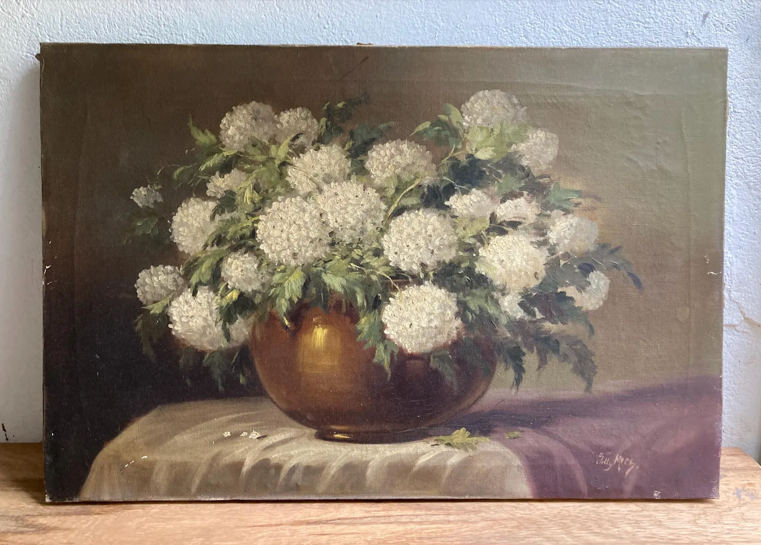 Original Antique Dutch "Snowball" Flower Oil Painting