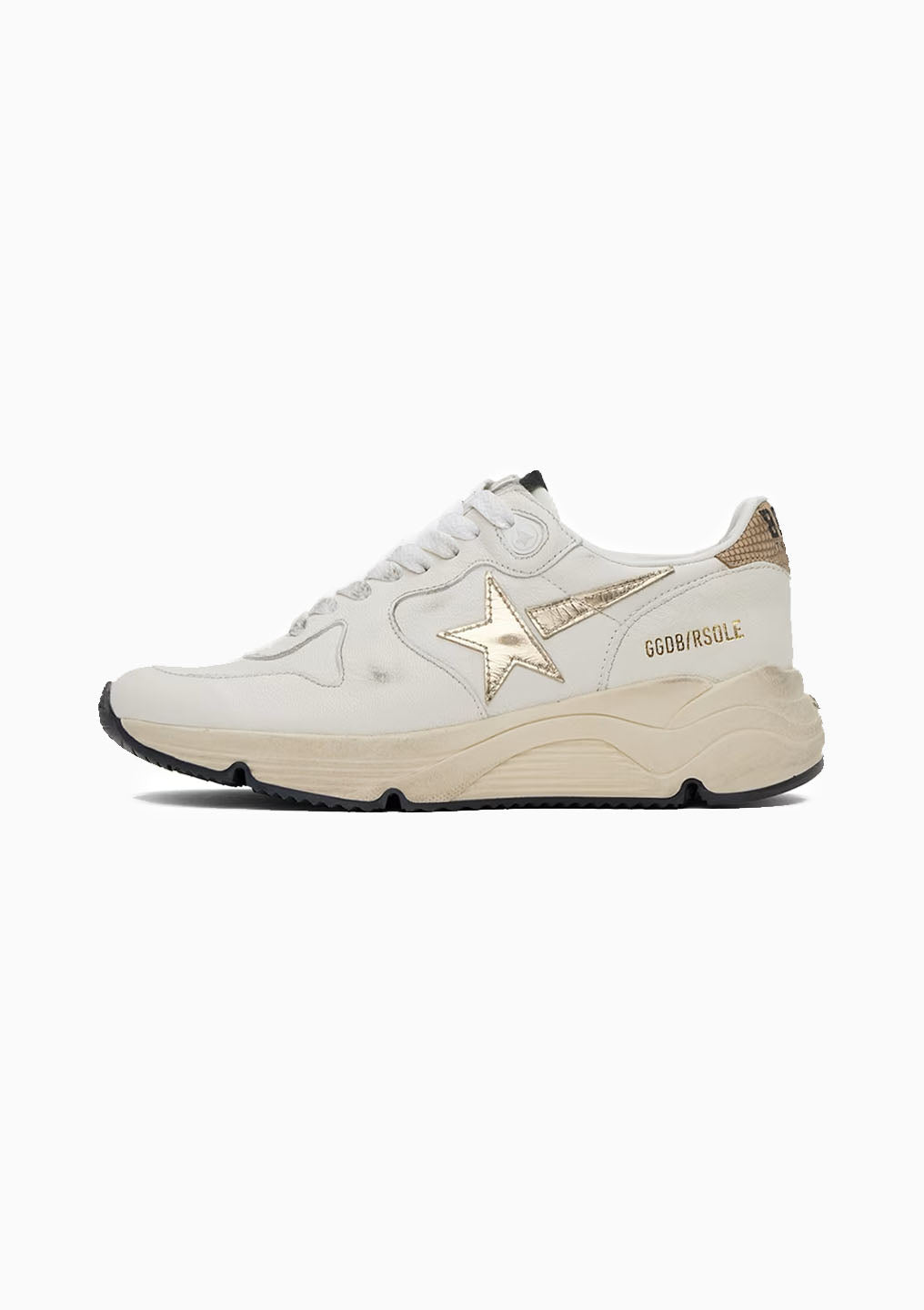 Running Sole Sneakers Laminated Star Lizard Print Heel | White/Gold/Beige