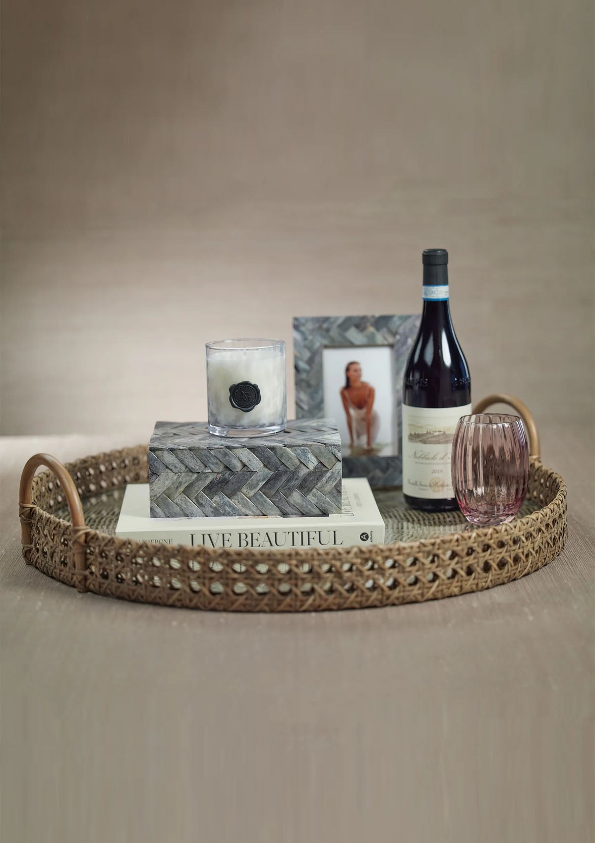 Mayfair Rattan Open Weave Round Tray With Clear Glass